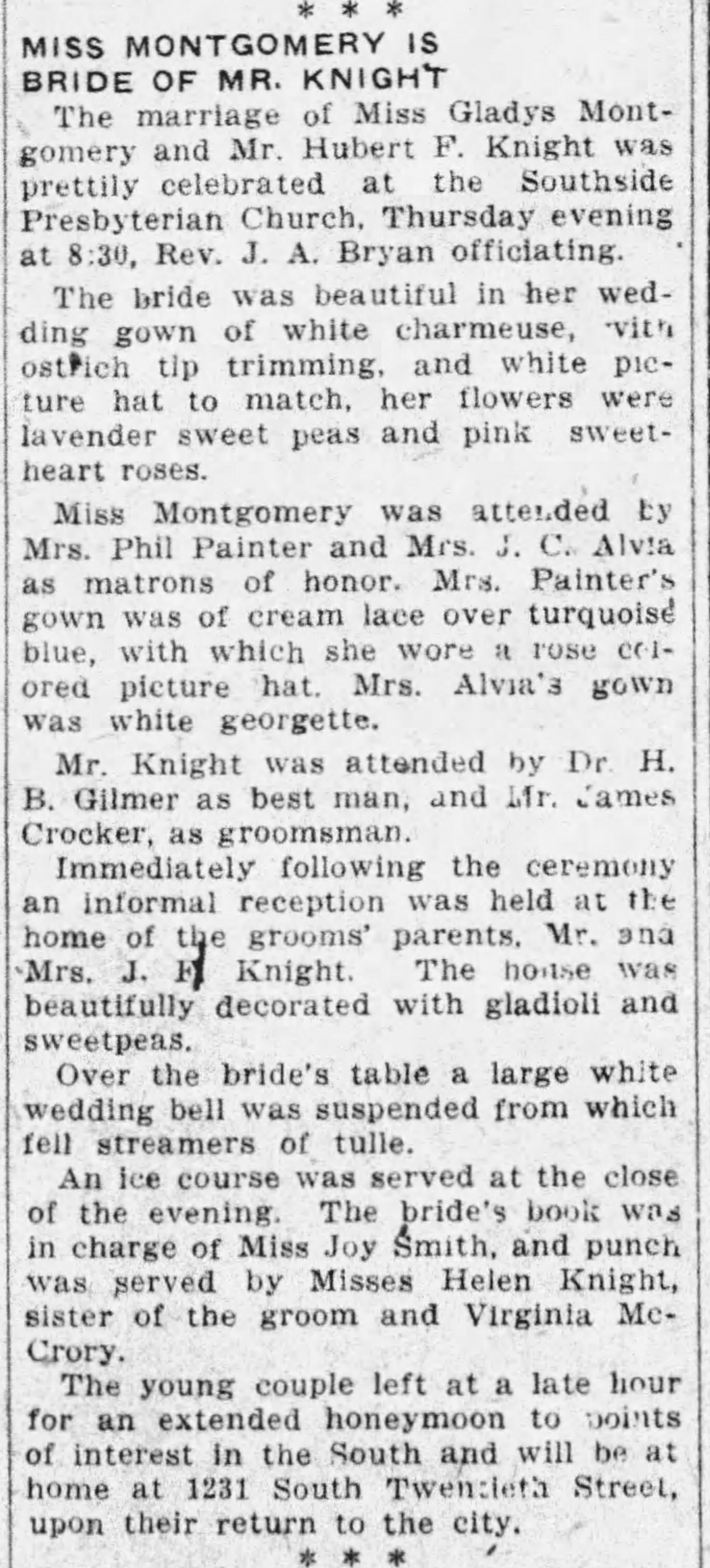 Miss Montgomery Is Bride of Mr. Knight